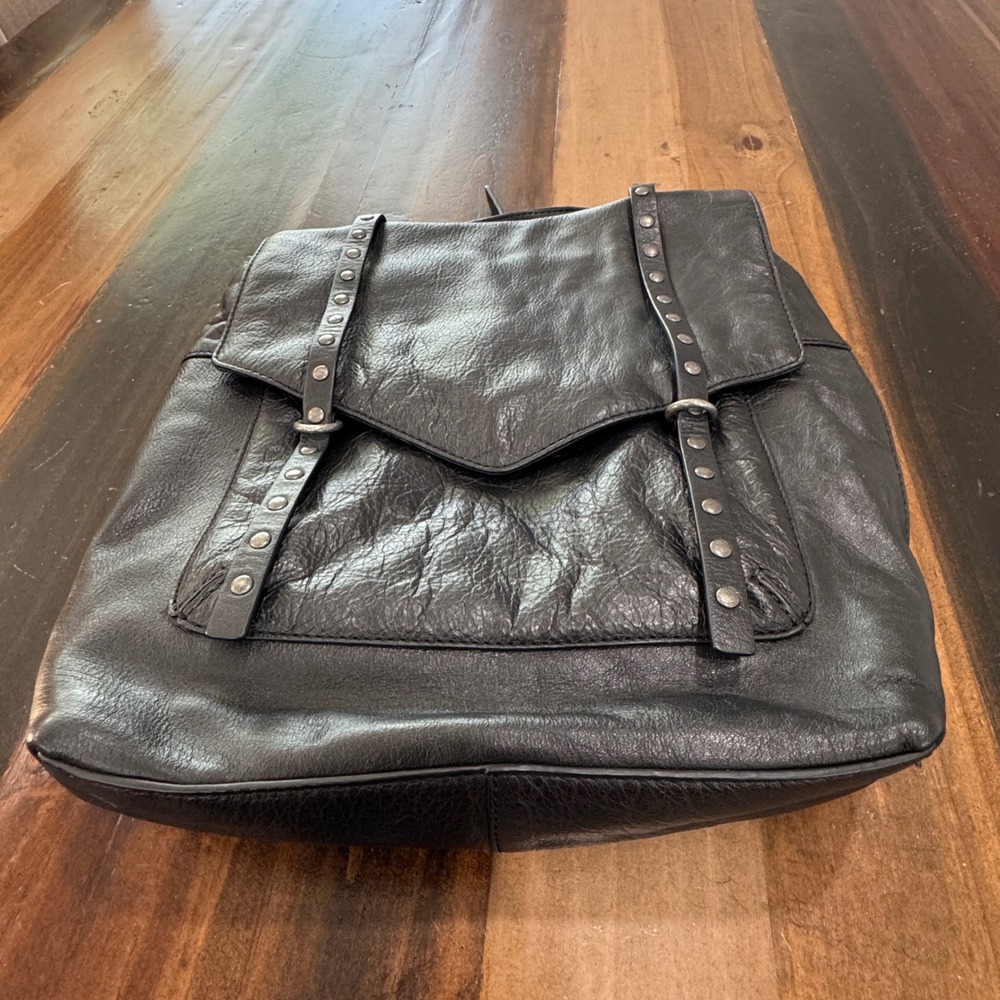 Lucky Brand Black Pebbled Leather Studded Flap Backpack Bag